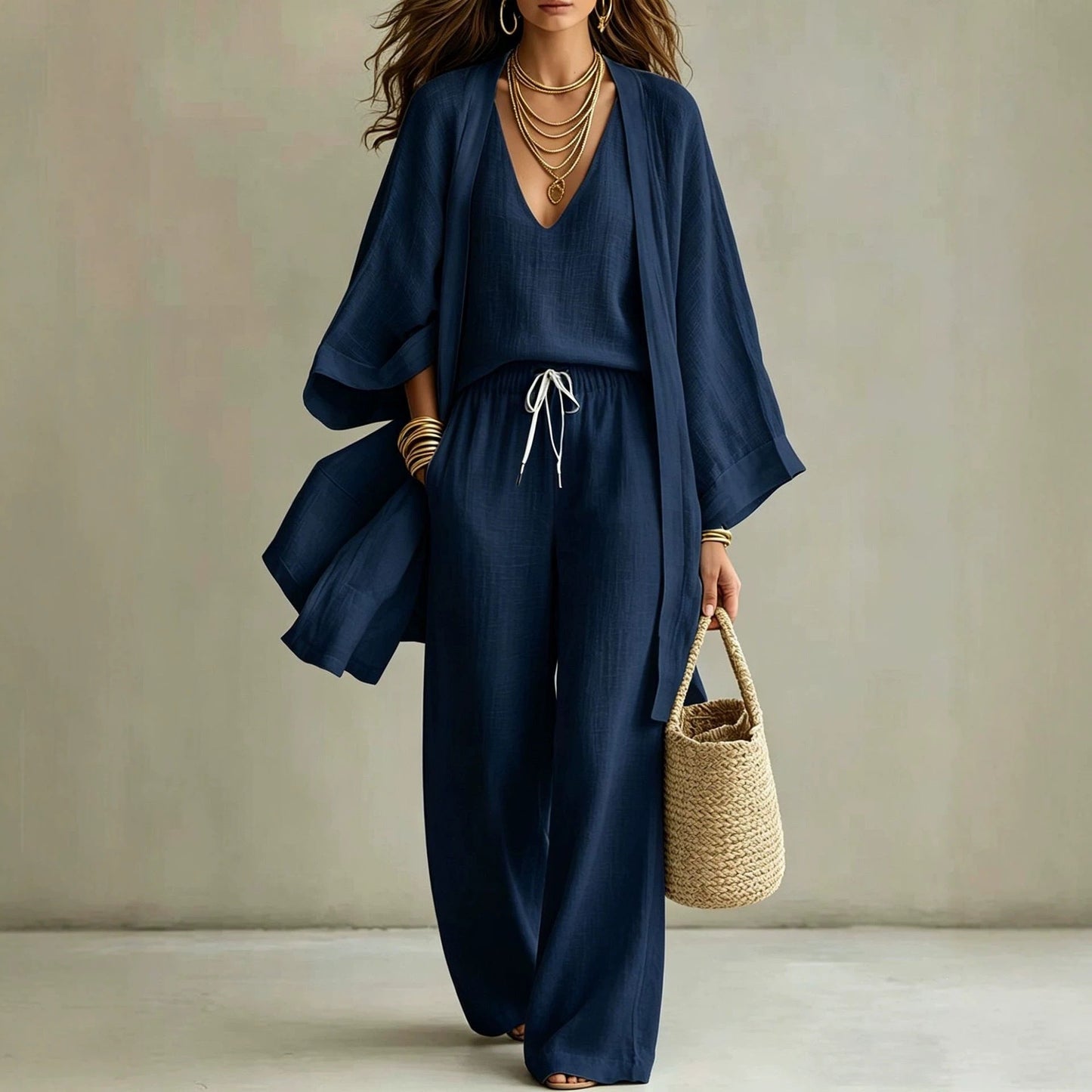 Womens Casual Three-piece Set Nine-quarter-sleeve Cardigan Sleeveless Vest And Long Pants NorixaFashion.com