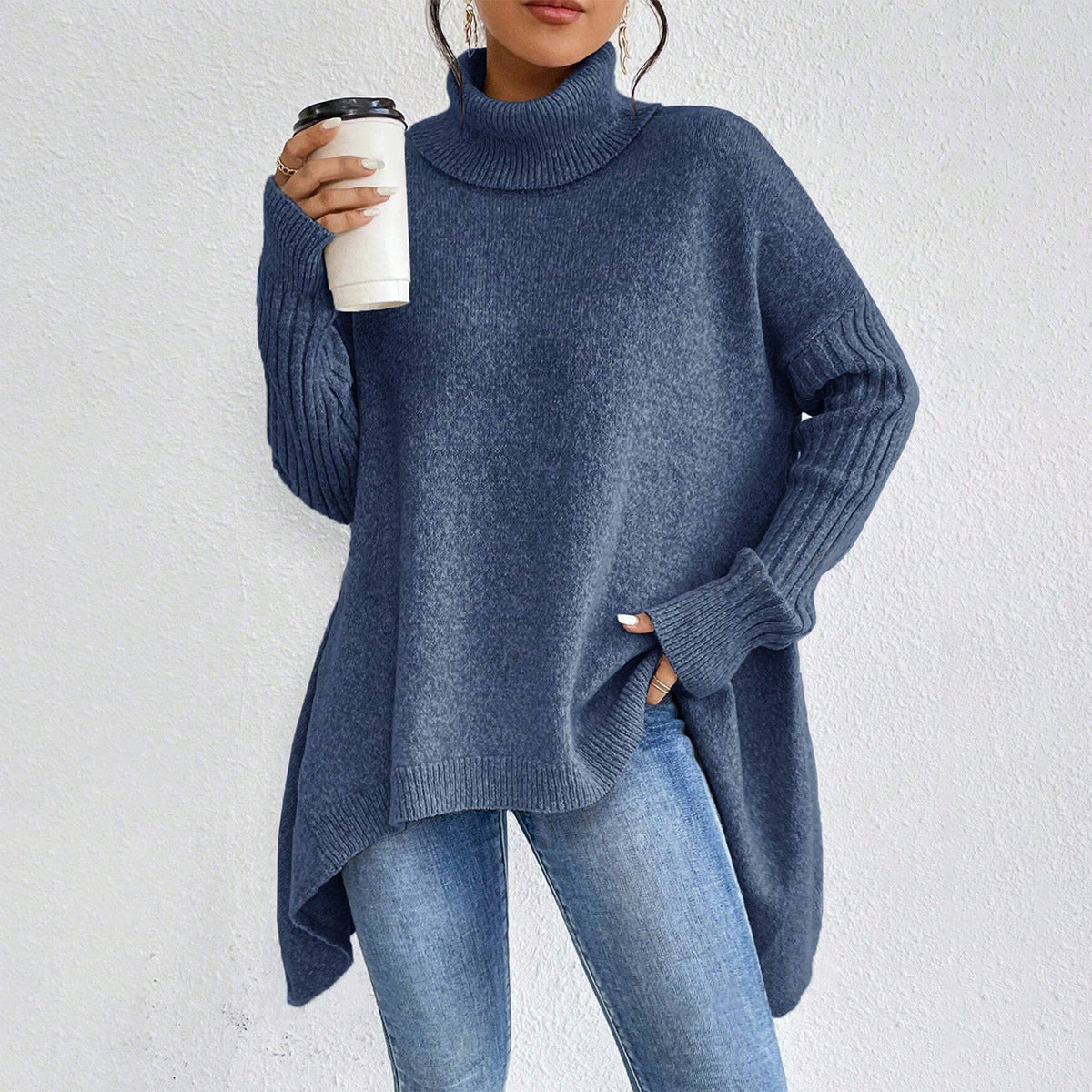Irregular Turtleneck Sweater Winter Loose Long Sleeve Knitted Tops Leisure Warm Pullover Sweater Women's Clothing LadyShow.Store