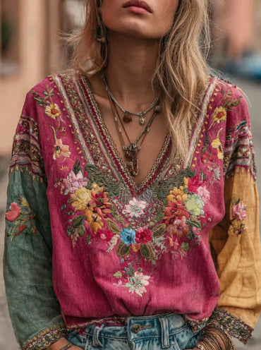 Women's Casual Vintage Bohemian V-neck Top With Ethnic-style Long Sleeves LadyShow.Store