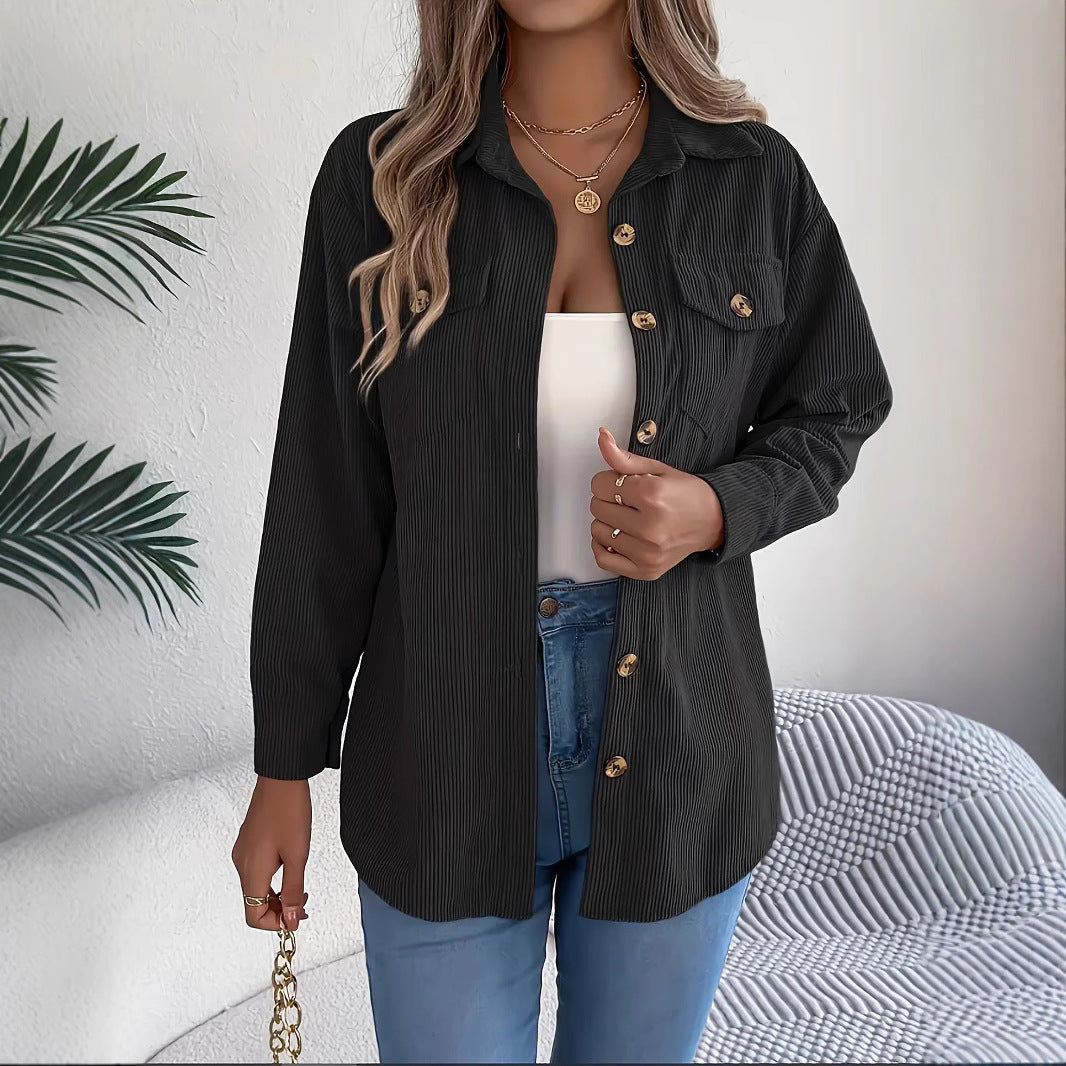 European And American Corduroy Striped Mid-length Coat Shirt NorixaFashion.com