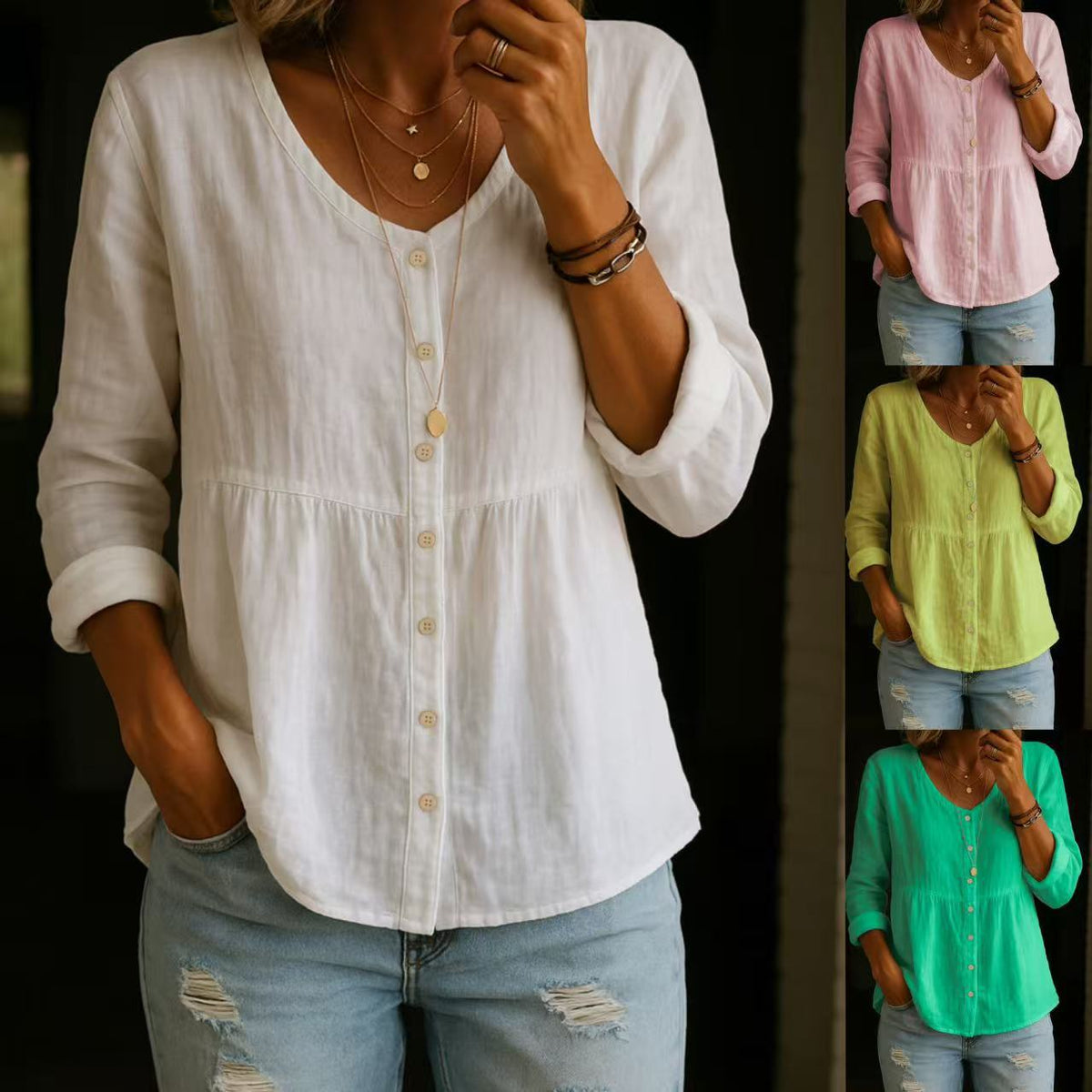 Casual Loose Fashion Cotton And Linen Long Sleeve V-neck Buttons Shirt NorixaFashion.com