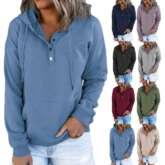 Long-sleeved Hooded Sweatshirt With Pockets Fashion Casual Button Drawstring Design Hoodie Top Spring And Autumn Sports Clothing For Women LadyShow.Store