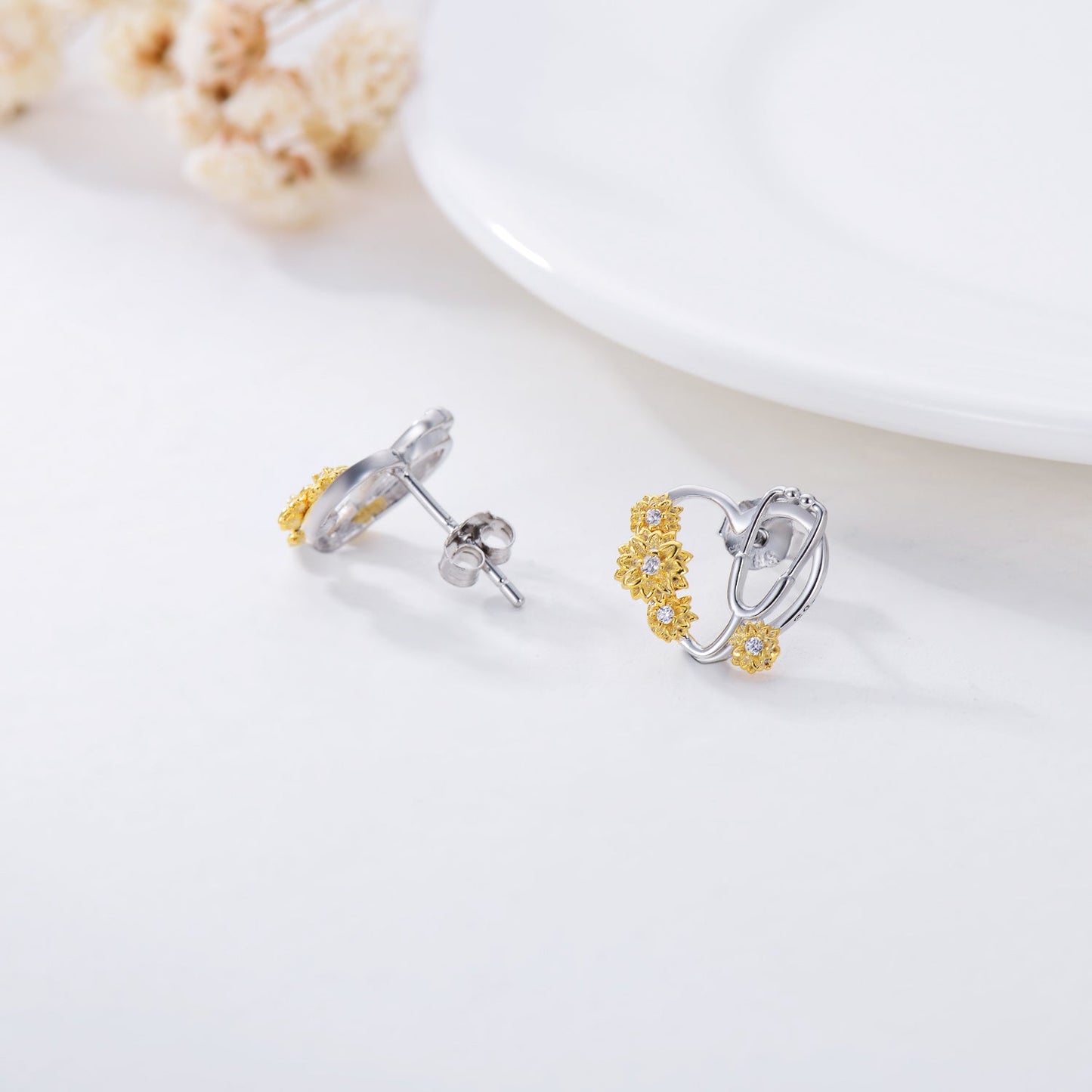 Sunflower Stethoscope Heart Earrings in Sterling Silver for Women Nurse LadyShow.Store