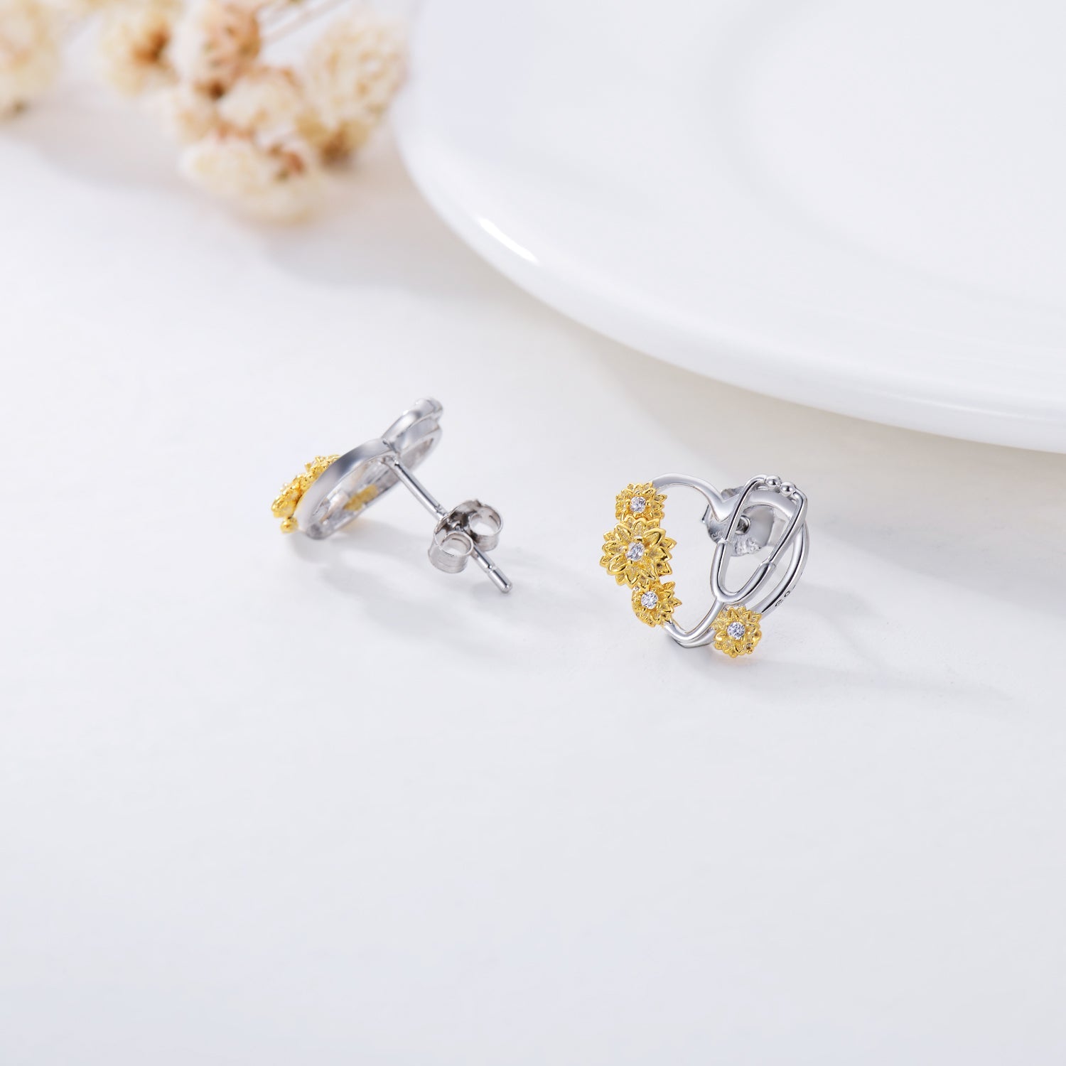 Sunflower Stethoscope Heart Earrings in Sterling Silver for Women Nurse LadyShow.Store