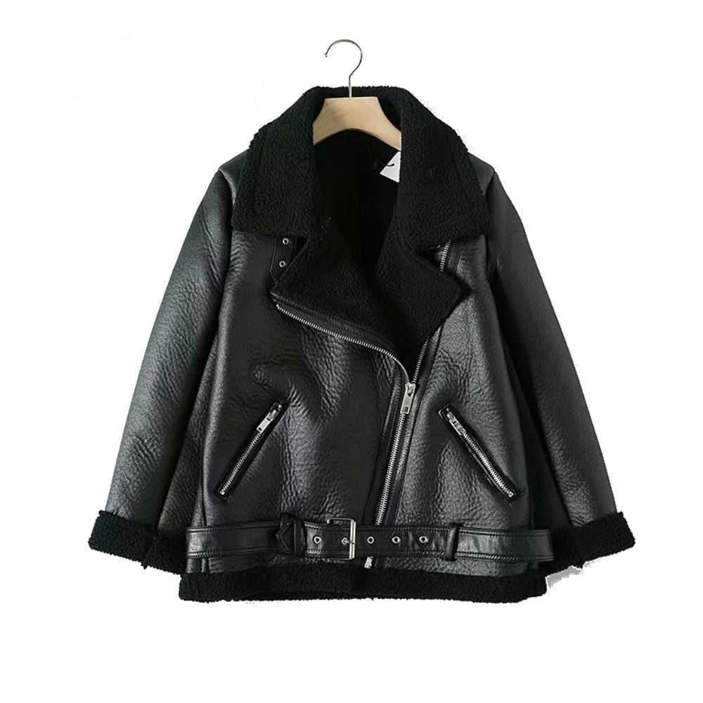 Women's Long Faux Leather Jacket with Lambswool Lining Pi-Mart