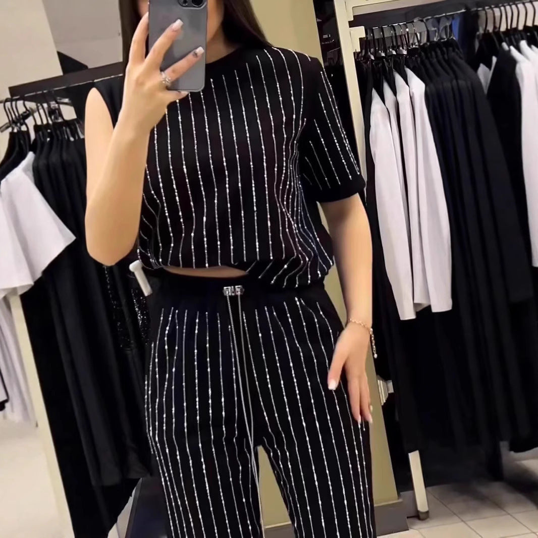 Vertical Striped Rhinestone Top Two-piece Set LadyShow.Store
