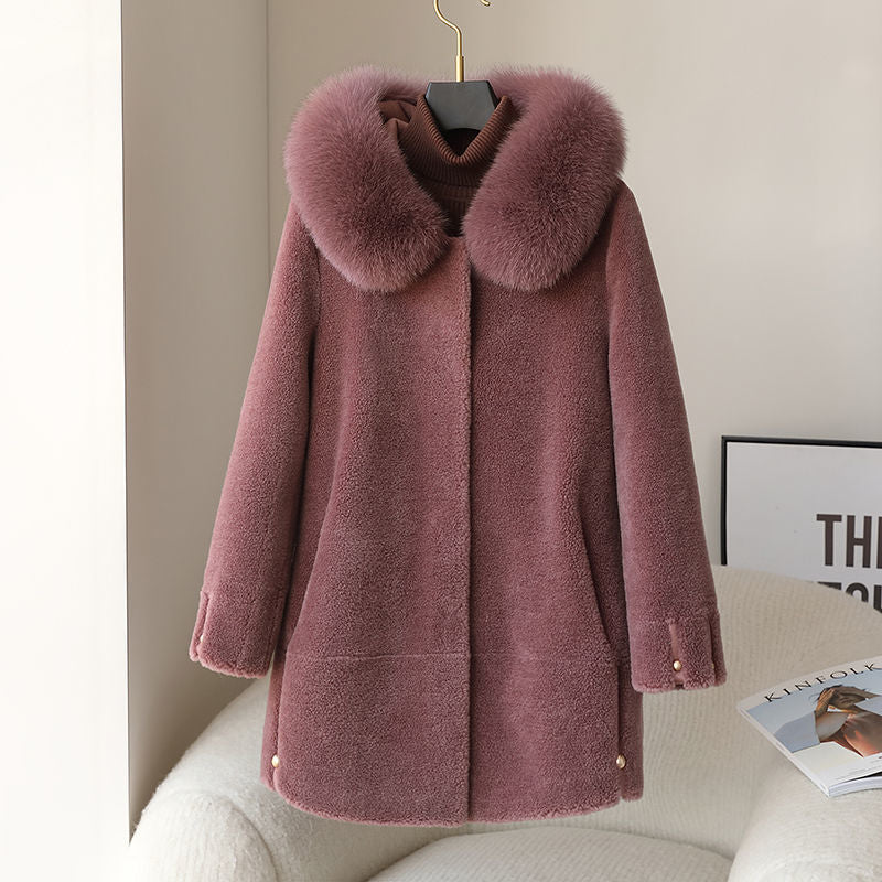 Women's Fox Fur Collar Hooded Sheep Shearling Coat Best YouTube Store