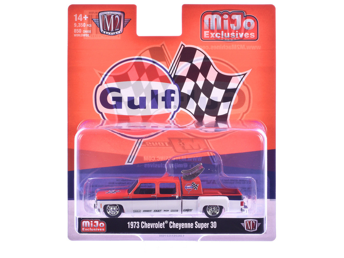 1973 Chevrolet Cheyenne Super 30 Pickup Truck "Gulf Oil" Orange and White with Blue Stripes Limited Edition to 9350 pieces Worldwide 1/64 Diecast Model Car by M2 Machines LuxuryLifeWay Online Store