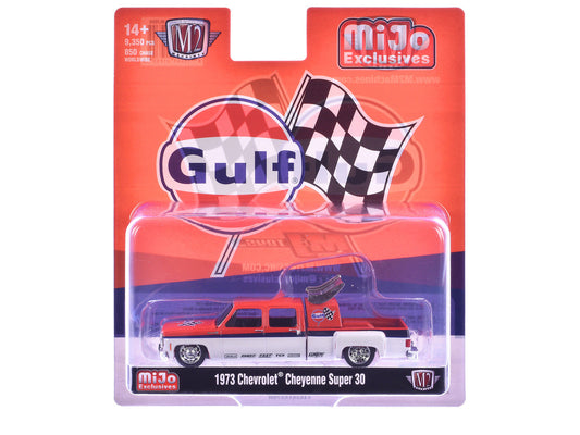 1973 Chevrolet Cheyenne Super 30 Pickup Truck "Gulf Oil" Orange and White with Blue Stripes Limited Edition to 9350 pieces Worldwide 1/64 Diecast Model Car by M2 Machines LuxuryLifeWay Online Store