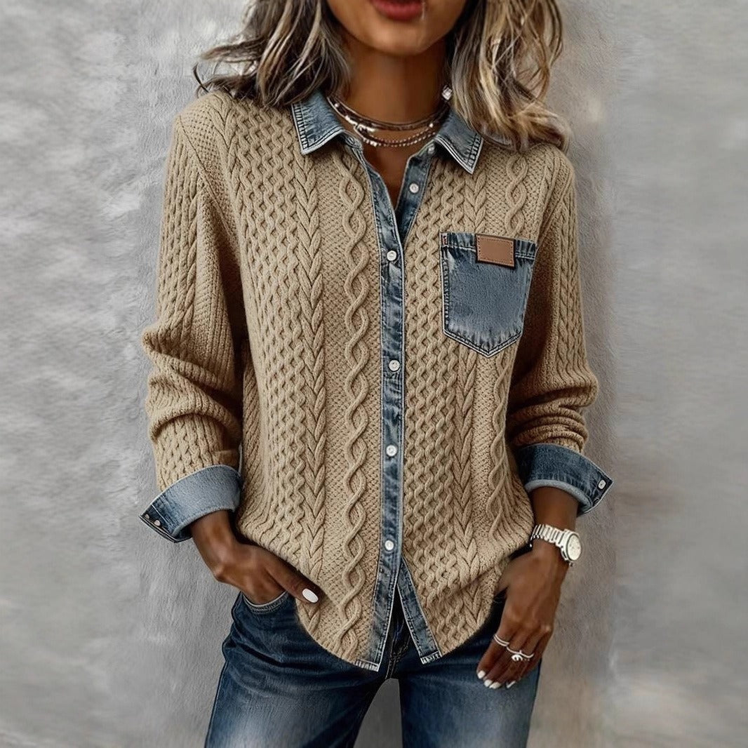 Women's Fashion Knit-and-jean Patchwork Shirt For Fall And Winter LadyShow.Store