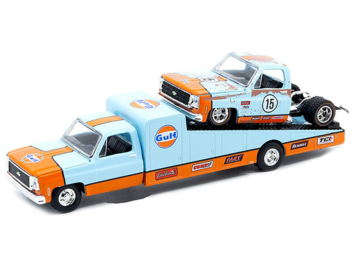 1973 Chevrolet C30 Wedge Truck Light Blue and Orange and 1978 Chevrolet Silverado 10 Bedless Truck #15 Light Blue and Orange (Rusted) "Gulf Oil" Limited Edition to 8000 pieces Worldwide 1/64 Diecast Model by M2 Machines LuxuryLifeWay Online Store