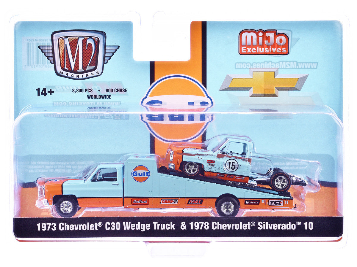 1973 Chevrolet C30 Wedge Truck Light Blue and Orange and 1978 Chevrolet Silverado 10 Bedless Truck #15 Light Blue and Orange (Rusted) "Gulf Oil" Limited Edition to 8000 pieces Worldwide 1/64 Diecast Model by M2 Machines LuxuryLifeWay Online Store
