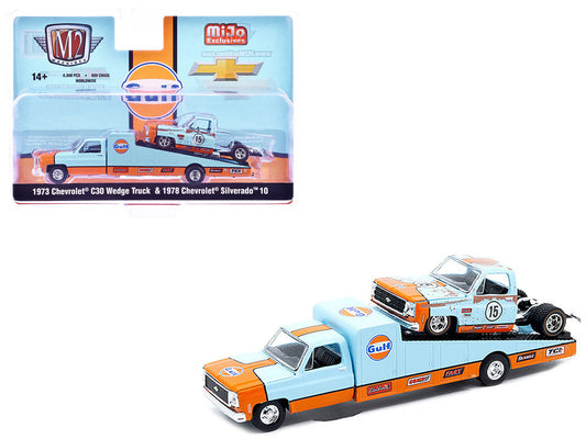 1973 Chevrolet C30 Wedge Truck Light Blue and Orange and 1978 Chevrolet Silverado 10 Bedless Truck #15 Light Blue and Orange (Rusted) "Gulf Oil" Limited Edition to 8000 pieces Worldwide 1/64 Diecast Model by M2 Machines LuxuryLifeWay Online Store