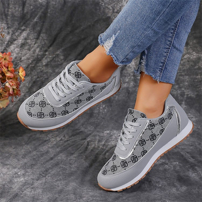 Flower Print Lace-up Sneakers Casual Fashion Lightweight Breathable Walking Running Sports Shoes Women Flats CJD