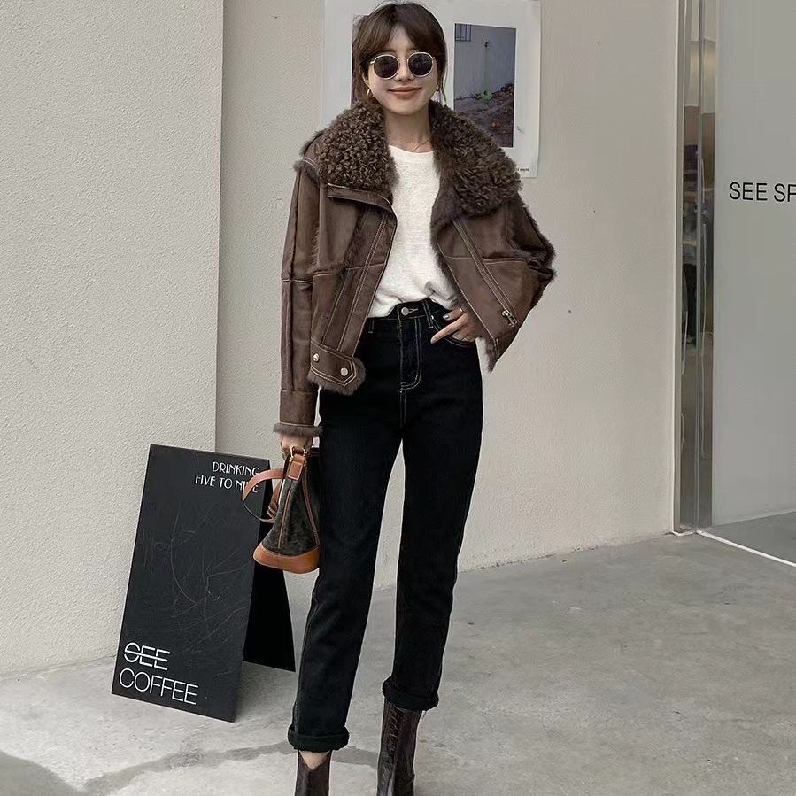 Women's Young Lamb Wool Short Stitching Coat Best YouTube Store