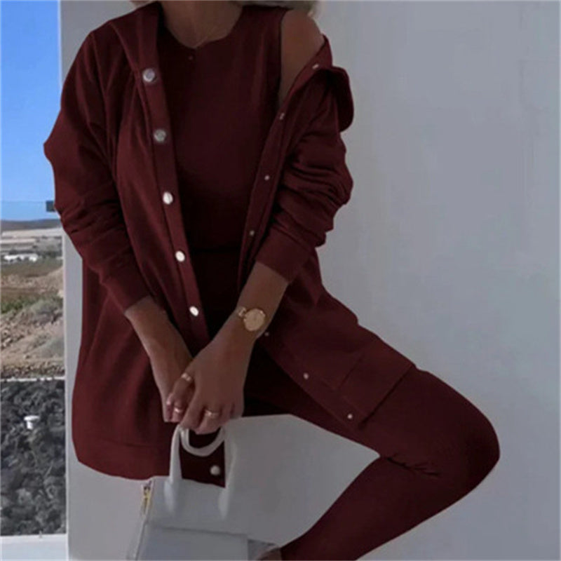Women's Fashion Sports And Leisure Hooded Sweater Vest Pants Three-piece Set NorixaFashion.com