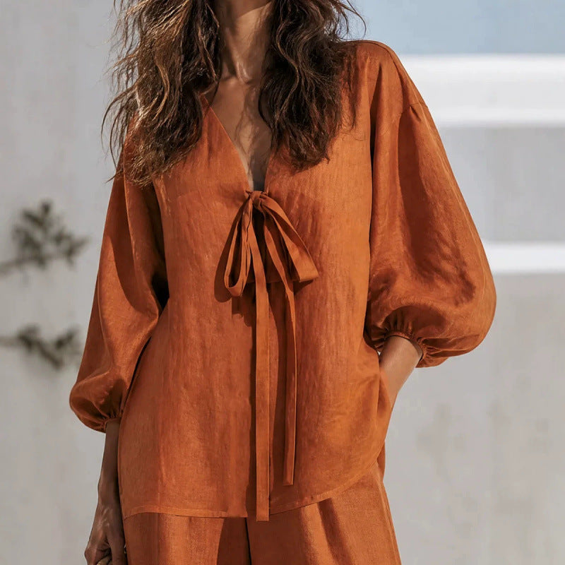 Independent Station Cross-border 2026 European And American Style Spring And Summer New Simple Casual Solid Color Lace-up Jacket Straight Pants Two-piece Set NorixaFashion.com