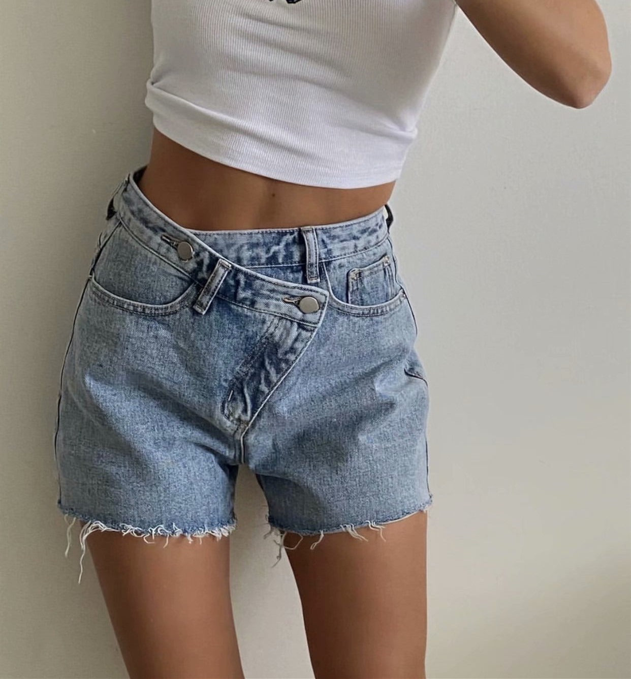 Asymmetrical Slanted Denim Shorts Pi-Mart