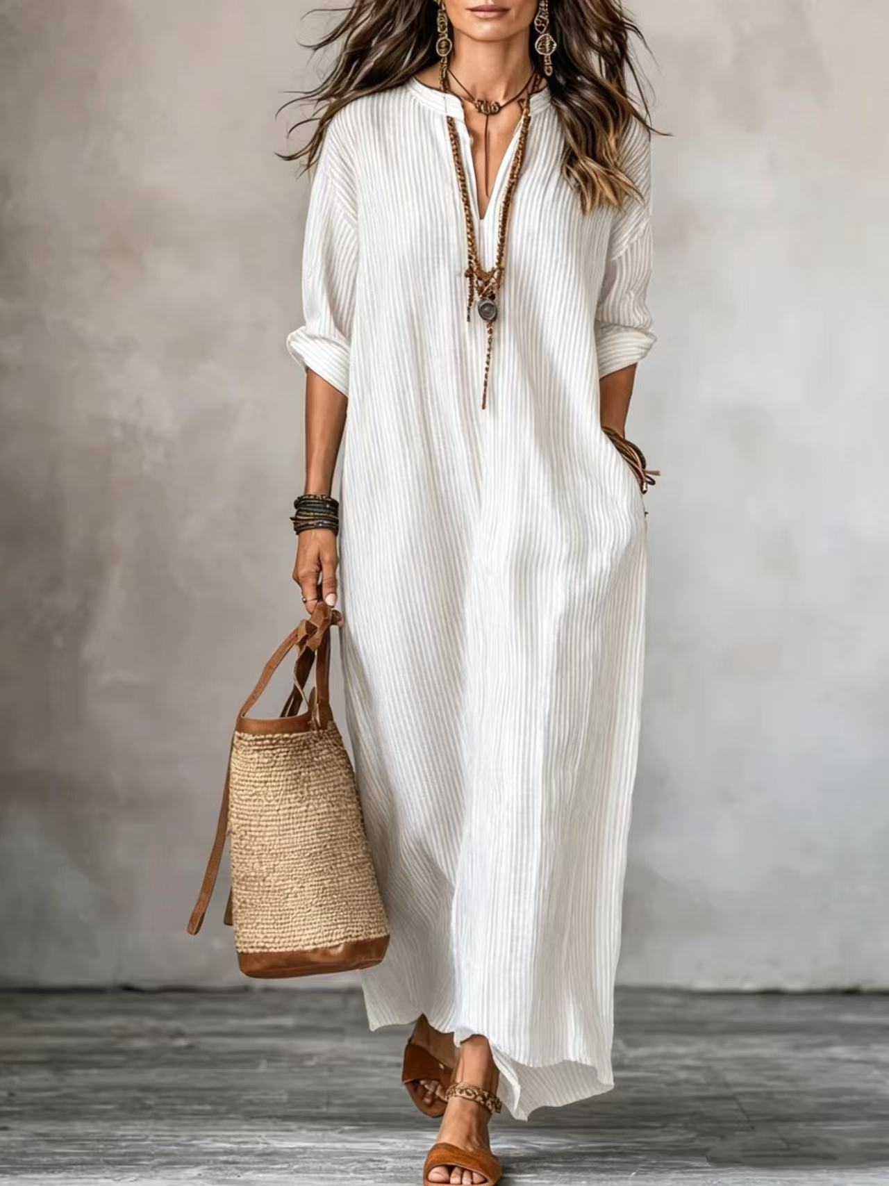 Fashionable V-neck Striped Loose-fit Dress NorixaFashion.com