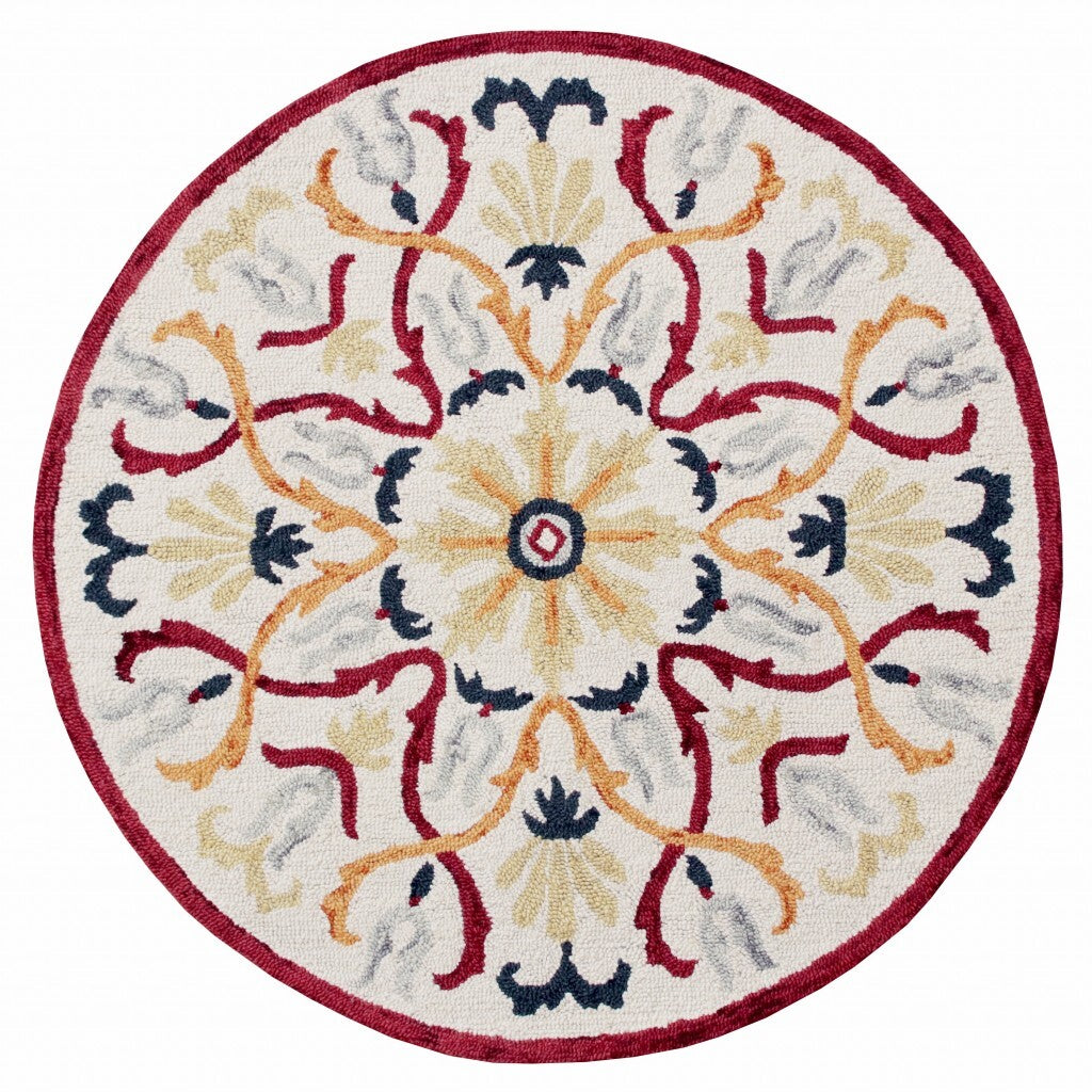 4' Round Red and Ivory Floral Filigree Area Rug LuxuryLifeWay Online Store