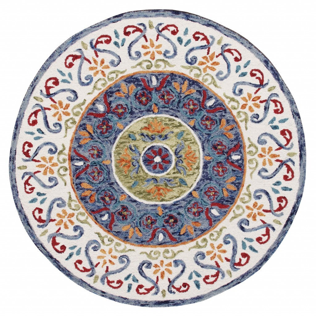 4' Round Blue and White Ornate Medallion Area Rug LuxuryLifeWay Online Store