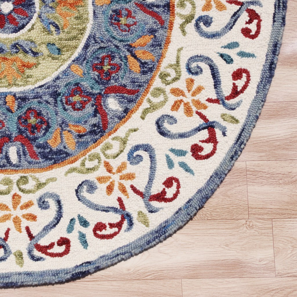 4' Round Blue and White Ornate Medallion Area Rug LuxuryLifeWay Online Store