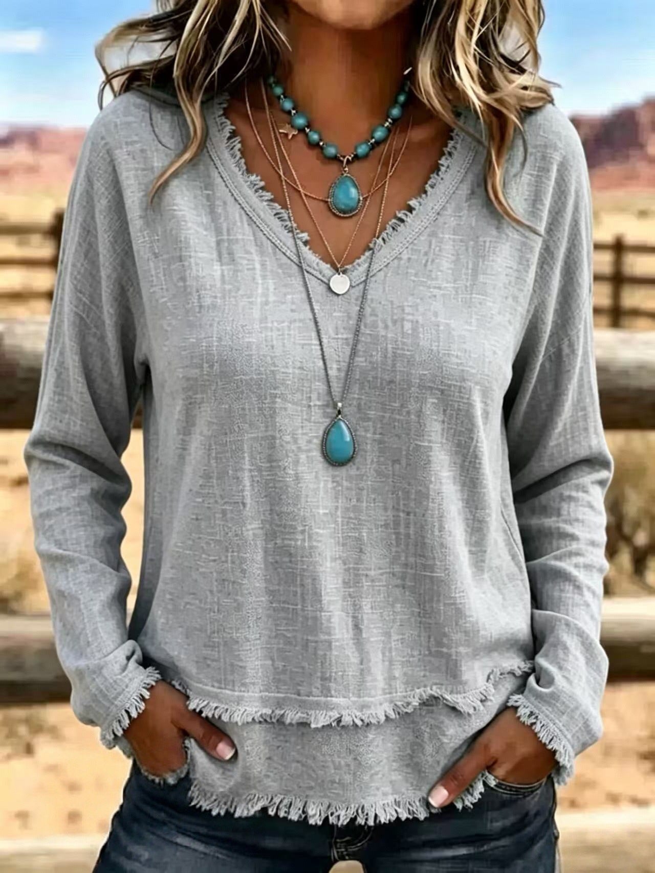 V-Neck Long Sleeve T-Shirt With Tassel Women's Loose Fit Casual Top For Daily Wear Clothing NorixaFashion.com