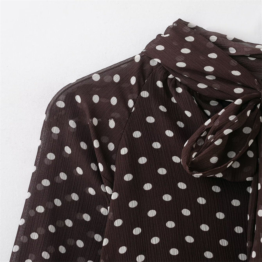 Polka Dot Long-Sleeve Shirt With Bow NorixaFashion.com