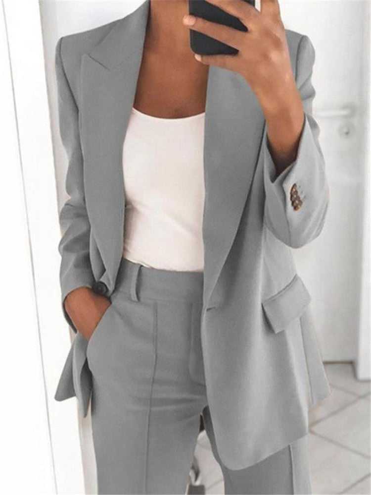 Ins Button Casual Suit Fashion Long-sleeved Lapel Blazer Jacket And Slim-fit Pocket Trousers For Women Clothing NorixaFashion.com