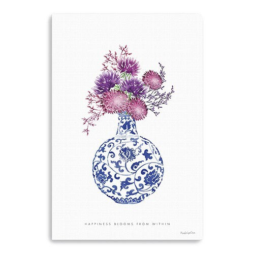 24" x 16" Blue and White Happiness Floral Vase Canvas Wall Art LuxuryLifeWay Online Store