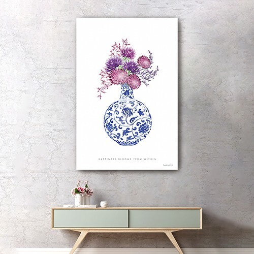 24" x 16" Blue and White Happiness Floral Vase Canvas Wall Art LuxuryLifeWay Online Store