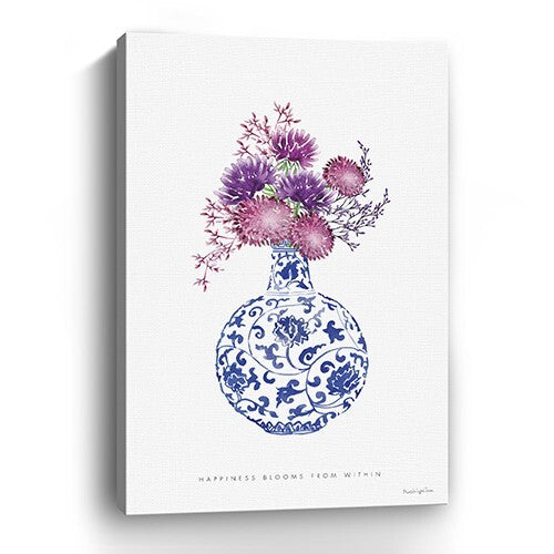 24" x 16" Blue and White Happiness Floral Vase Canvas Wall Art LuxuryLifeWay Online Store