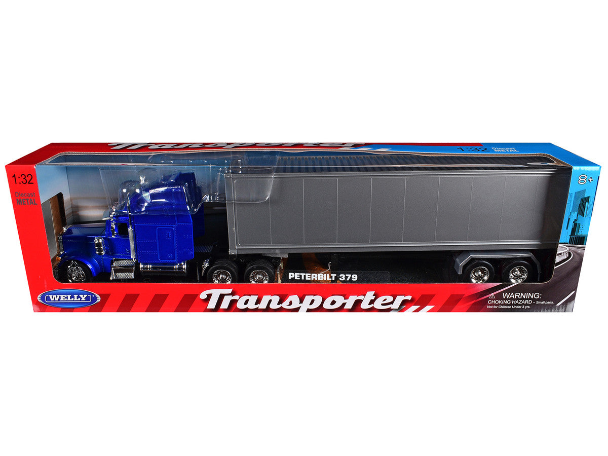 Peterbilt 379 Truck Blue Metallic with Silver Container "Transporter" Series 1/32 Diecast Model by Welly LuxuryLifeWay Online Store