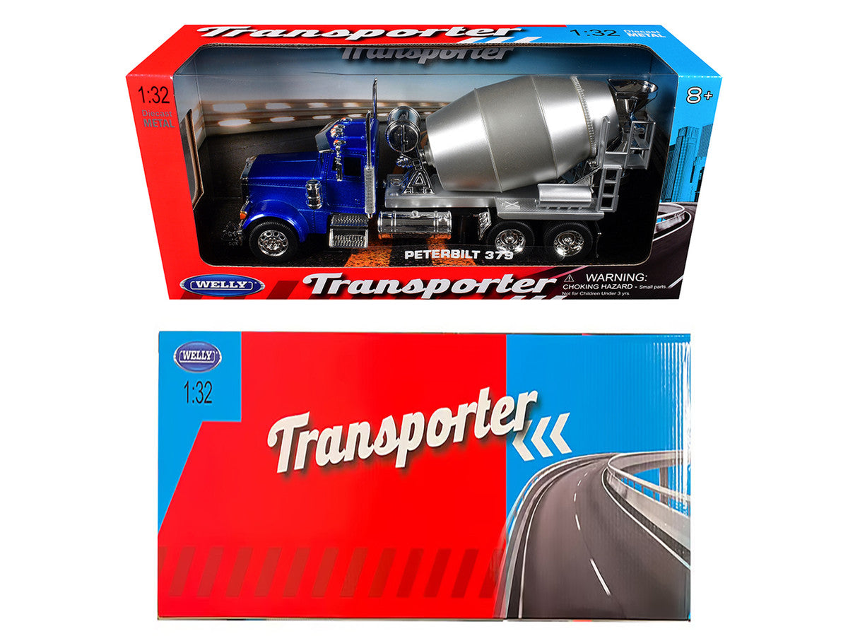 Peterbilt 379 Cement Mixer Blue Metallic with Chrome and Silver Mixer "Transporter" Series 1/32 Diecast Model by Welly LuxuryLifeWay Online Store