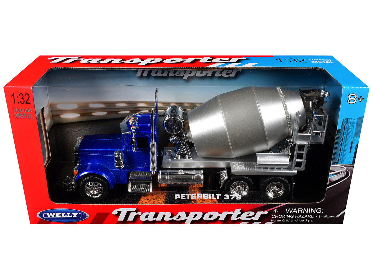 Peterbilt 379 Cement Mixer Blue Metallic with Chrome and Silver Mixer "Transporter" Series 1/32 Diecast Model by Welly LuxuryLifeWay Online Store