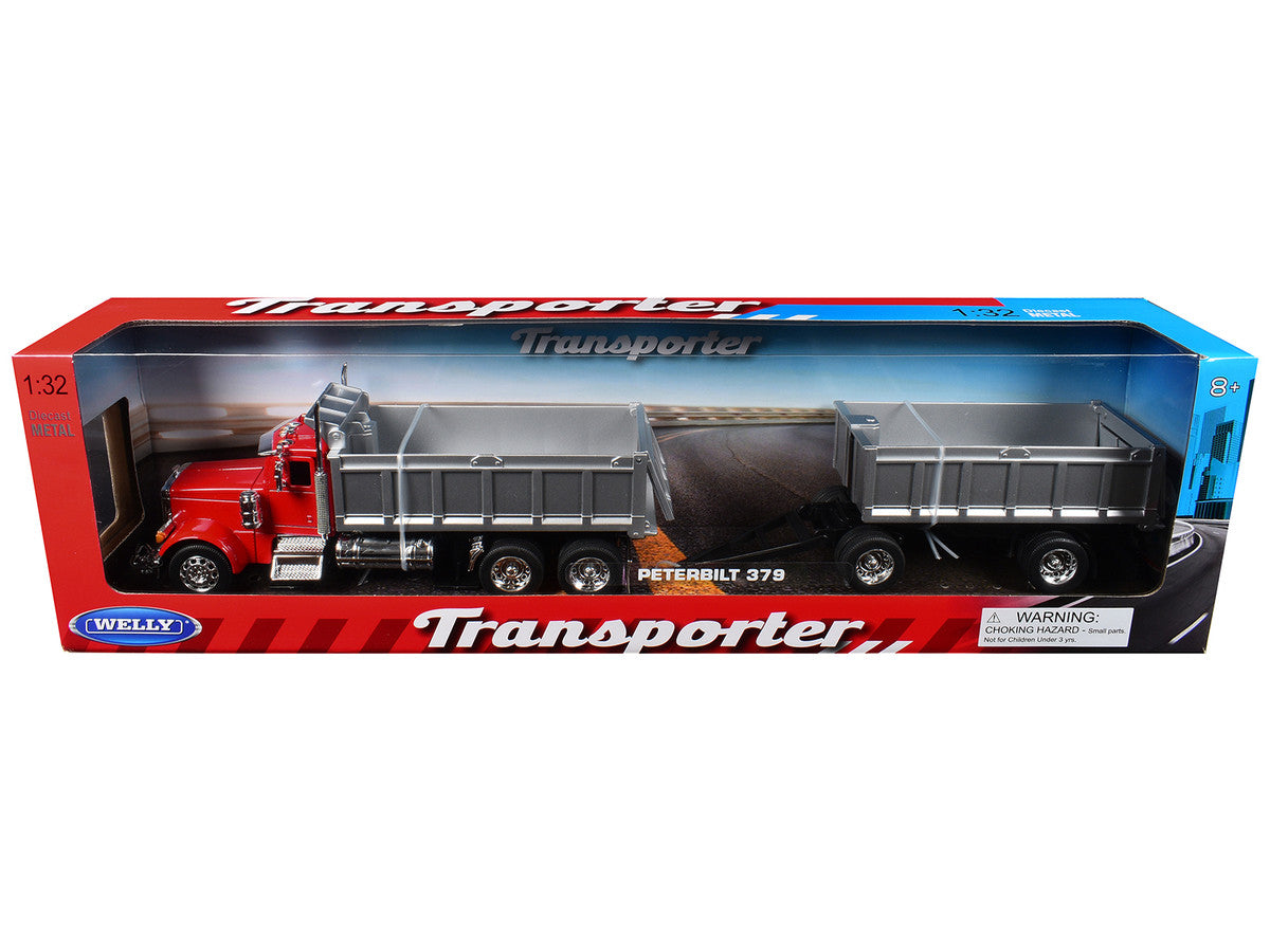 Peterbilt 379 Dump Truck Red with Gray Double Dump Trailer "Transporter" Series 1/32 Diecast Model by Welly LuxuryLifeWay Online Store