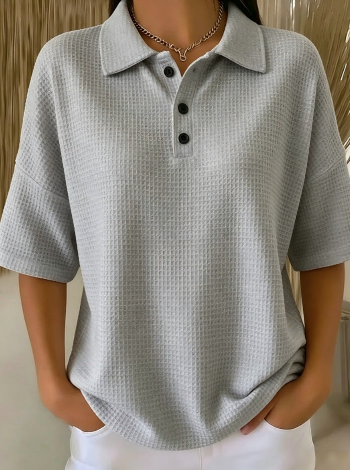 Women's Casual Loose Comfortable Lapel-Neck T-Shirt With Buttons NorixaFashion.com