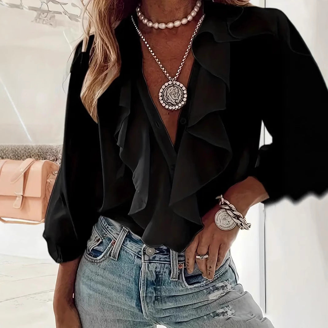 Ruffled-trim Shirt V-neck Long-sleeve Top Daily Commute Women's Clothing NorixaFashion.com