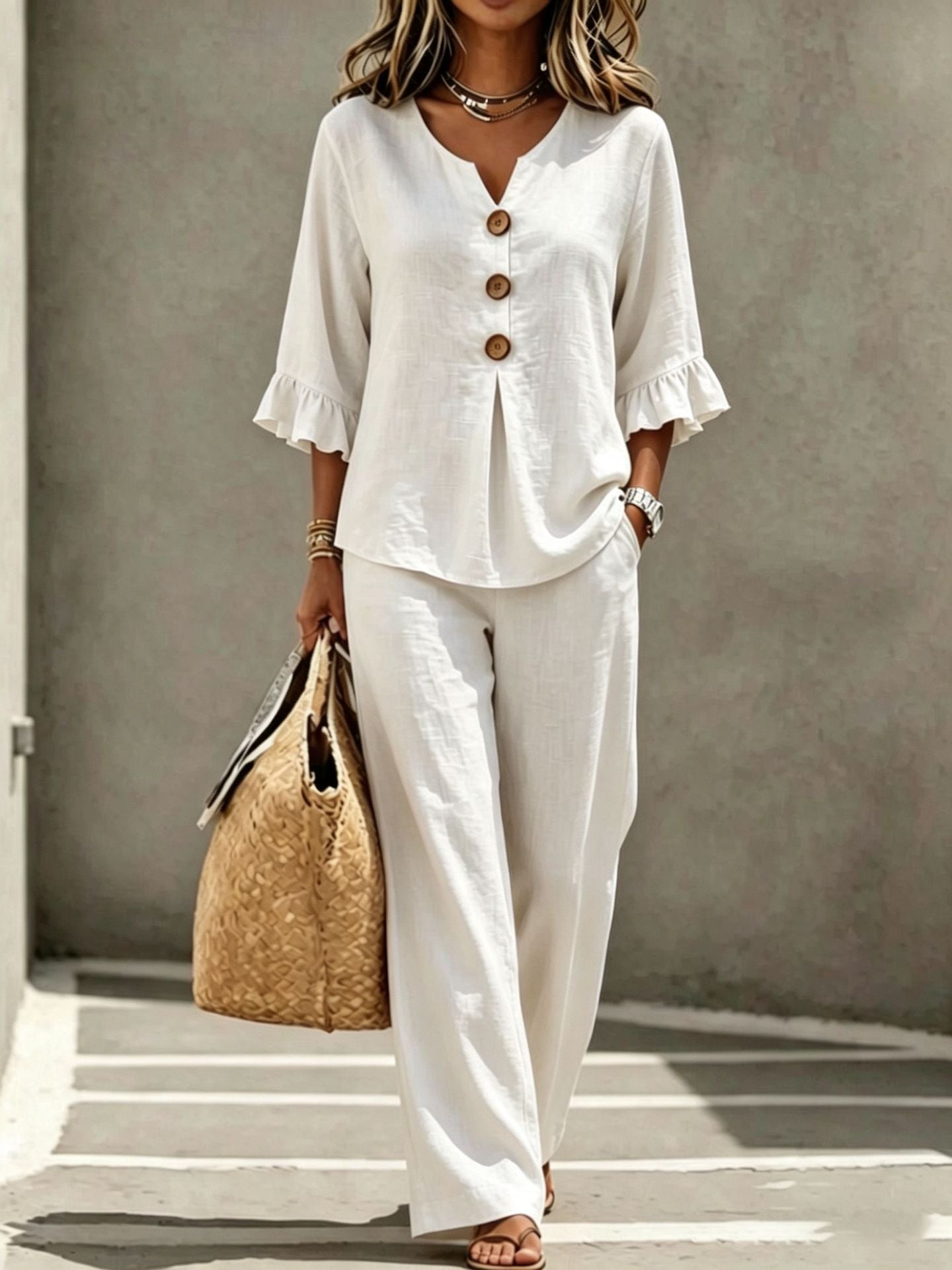 Womens V-neck Ruffle Three-Quarter Sleeve Top And Pants Two-Piece Set NorixaFashion.com