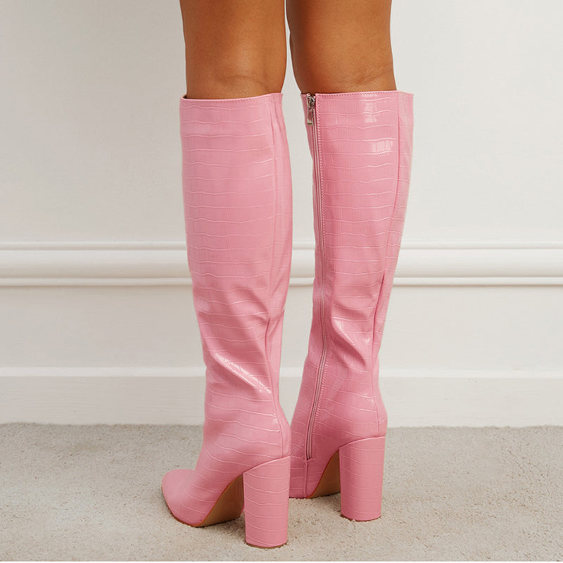 Fashion Boots Winter Pointed Toe High Square Heel Shoes With Side Zipper Mid-calf Boots Women LadyShow.Store