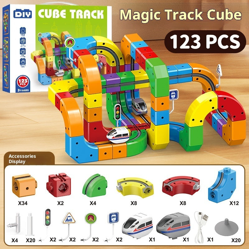 Small Train Track Cube Electric Assembled Building Block Toys