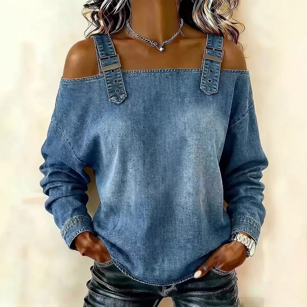 Women's Off-shoulder Strap Long-sleeve Top NorixaFashion.com