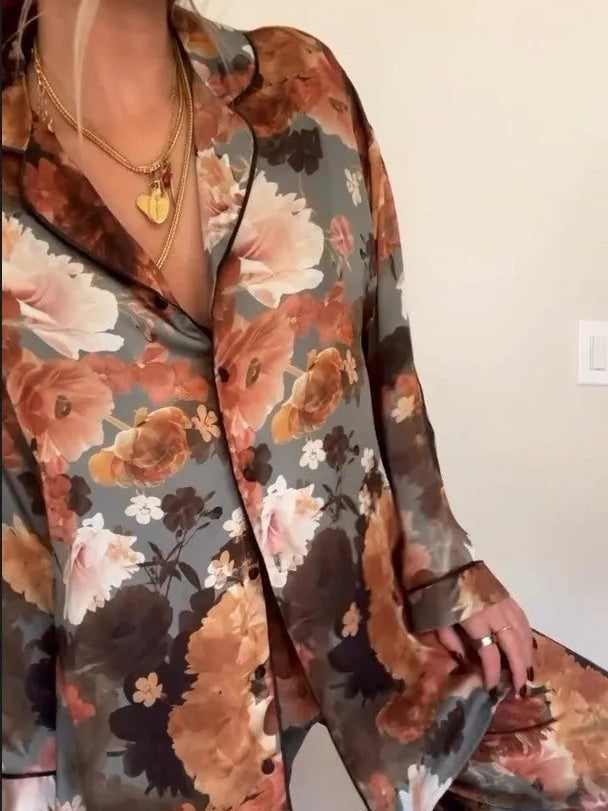 Vintage Floral Print Satin Pajama Set NorixaFashion.com