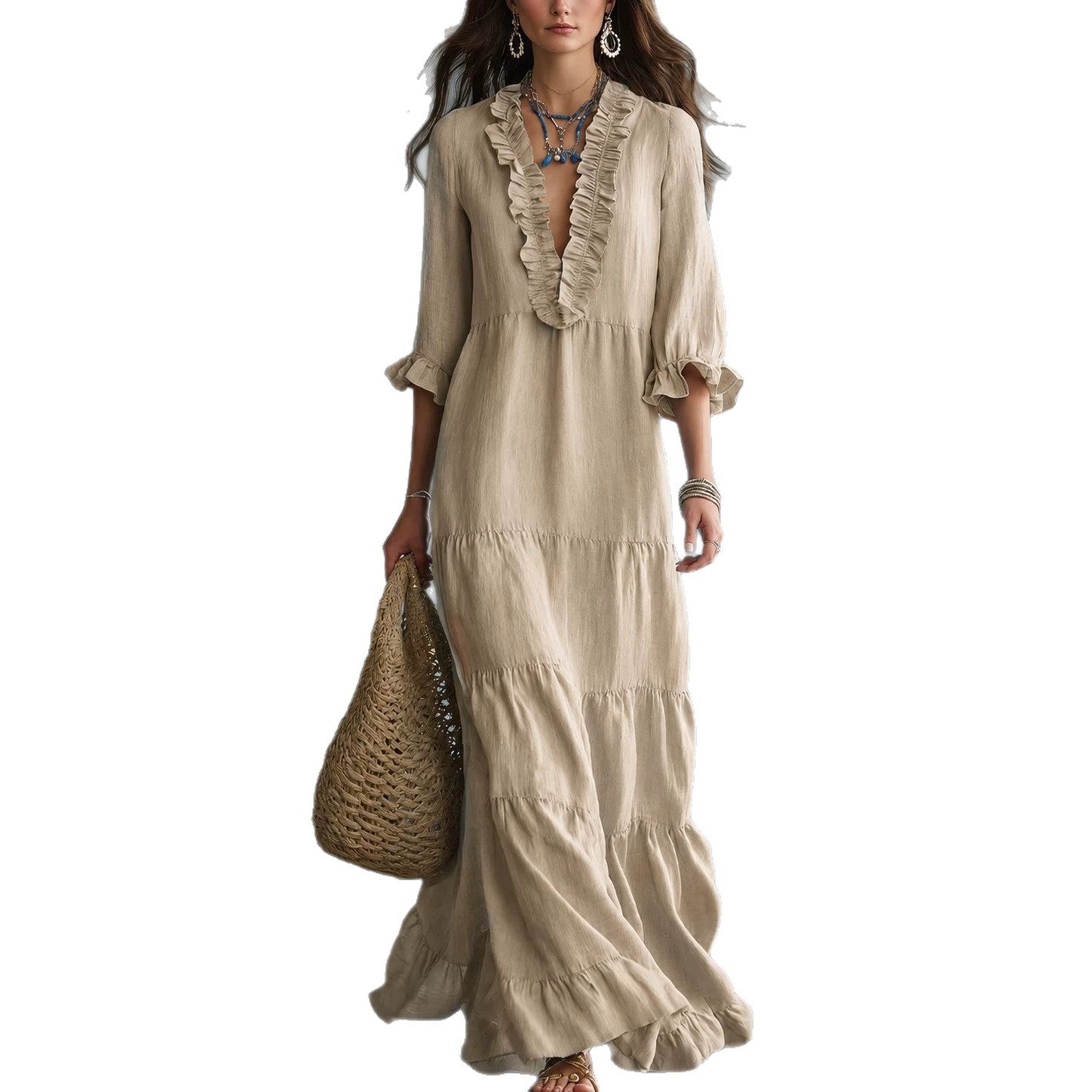 Womens V-neck Layered Casual Flowing Maxi Dress With Ruffled Hem NorixaFashion.com