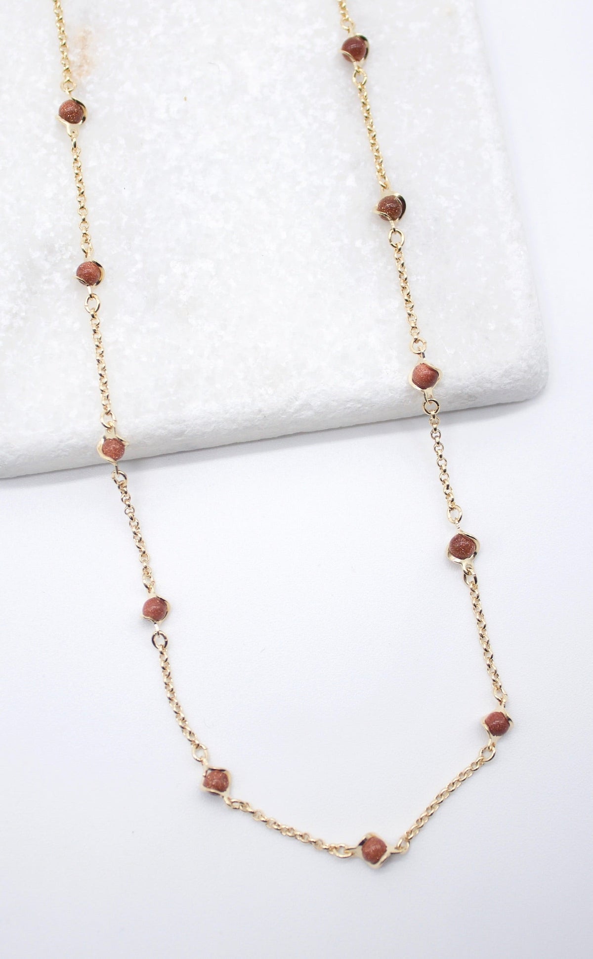 18K Gold Filled 5mm Designed Brown aventurine Bead Necklace (F221) LuxuryLifeWay Online Store