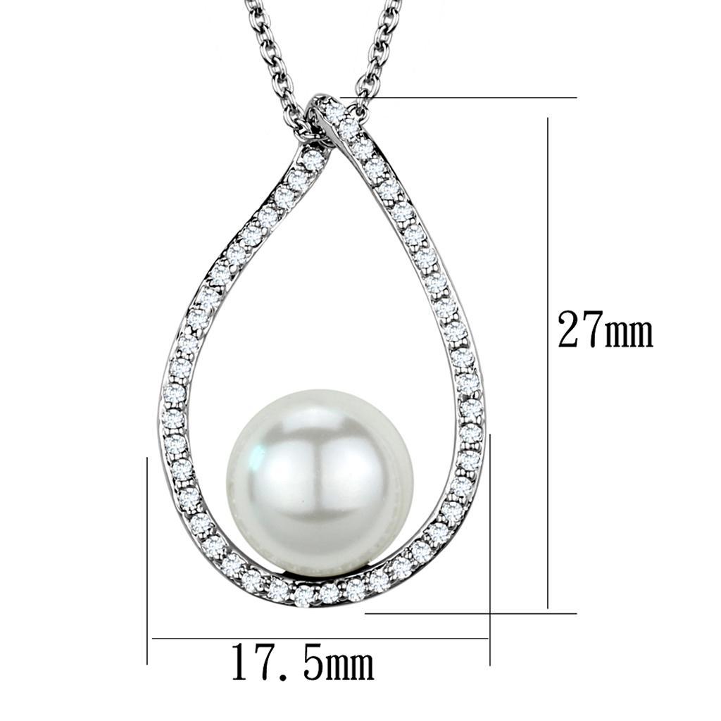 3W1036 - Rhodium Brass Chain Pendant with Synthetic Pearl in White LuxuryLifeWay Online Store