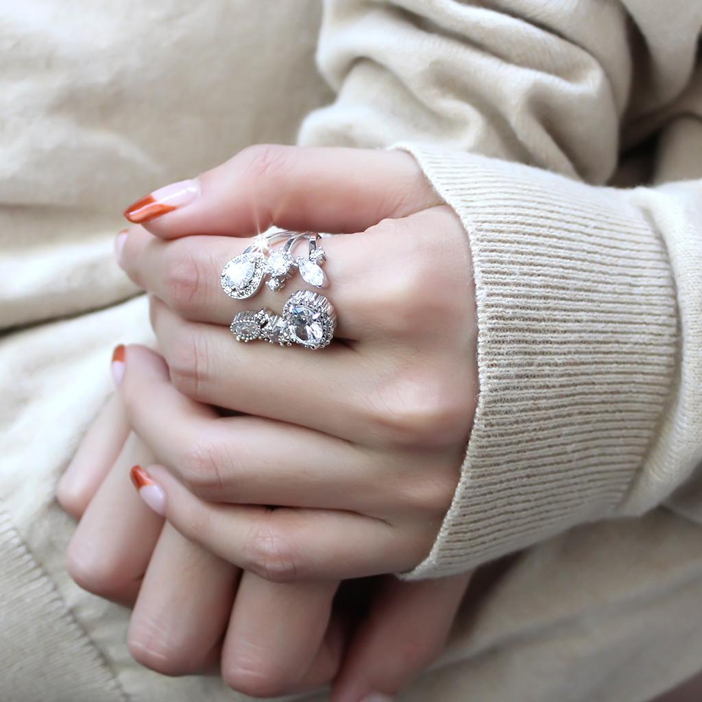 3W1454 - Rhodium Brass Ring with AAA Grade CZ  in Clear LuxuryLifeWay Online Store
