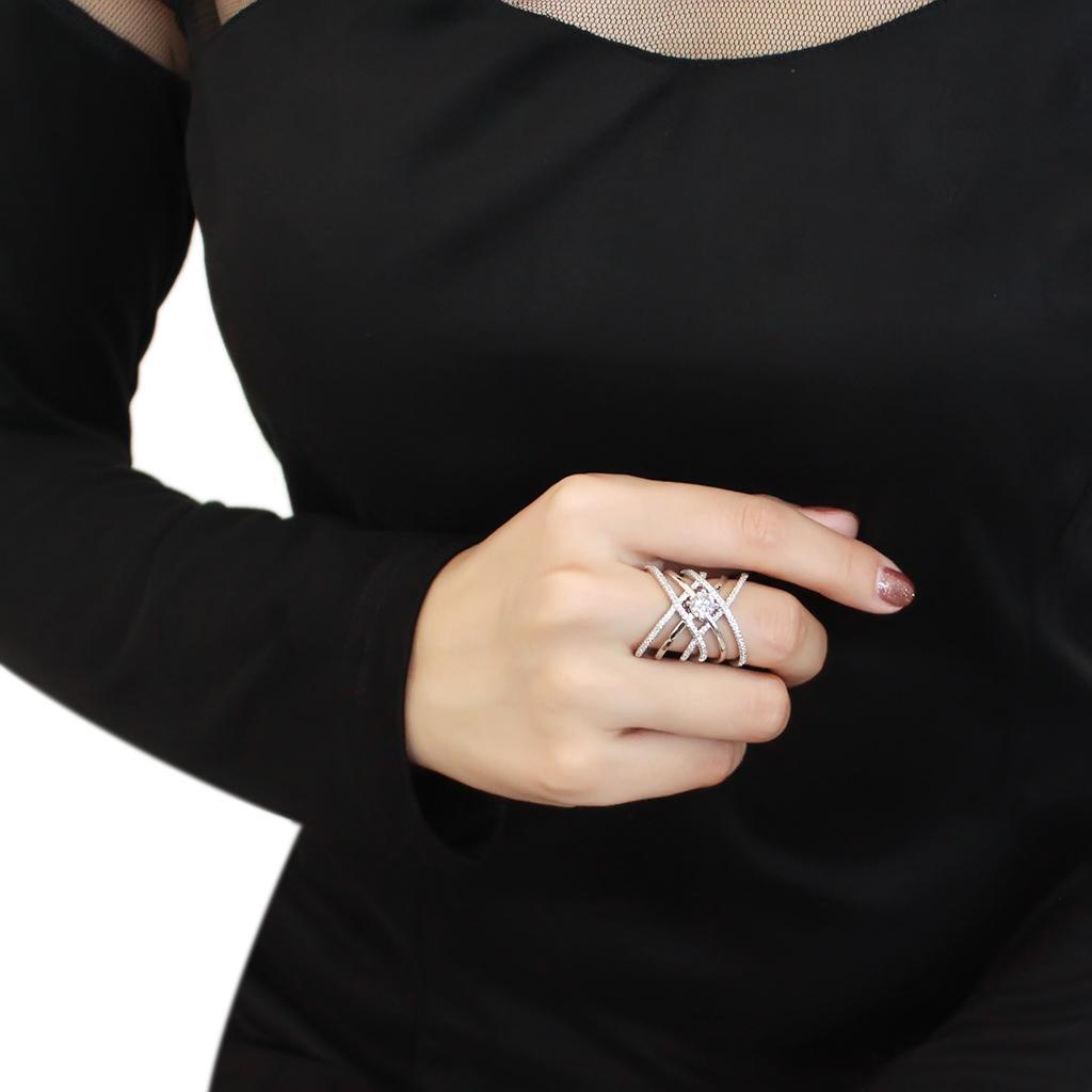 3W1528 - Rhodium Brass Ring with AAA Grade CZ  in Clear LuxuryLifeWay Online Store
