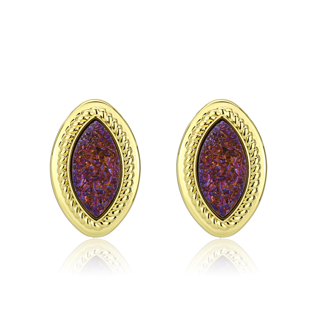 3W1725E - Flash Gold+E-coating Brass Earring with Druzy in Amethyst LuxuryLifeWay Online Store