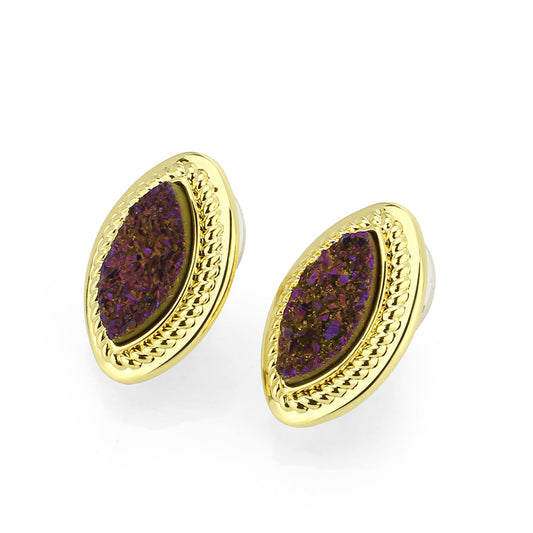 3W1725E - Flash Gold+E-coating Brass Earring with Druzy in Amethyst LuxuryLifeWay Online Store